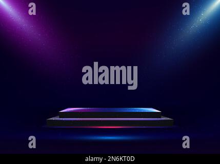 3D realistic technology cyberpunk style empty black podium pedestal box stand with glowing neon lighting effect and dust particle on dark background. Stock Vector