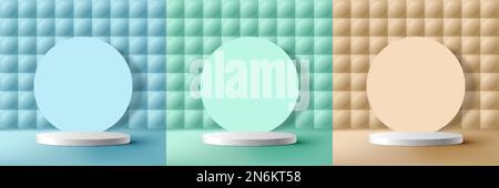 Set of 3D realistic studio room white cylinder podium stand with minimal wall scene circles pattern backdrop on pastel color background. Product displ Stock Vector