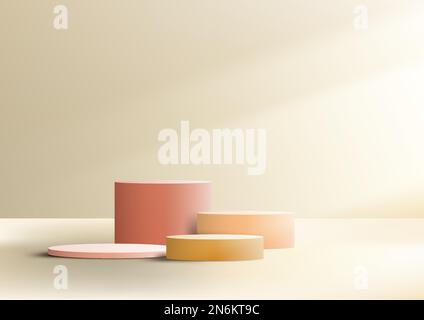 3D realistic group of cylinder podium stand with lighting ninimal wall scene on beige background. Product display for beauty cosmetic, showroom, showc Stock Vector