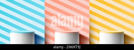 Set of blue, yellow and orange pastels color top of white 3D cylinder podium pedestal decoration diagonal stripes lines pattern on minimal wall scene Stock Vector