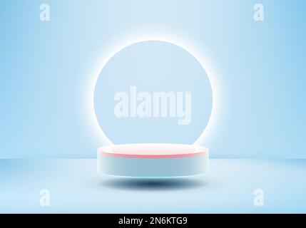 3D realistic modern minimal style blue and pink cylinder podium floating in the air with glowing neon light circle backdrop on blue scene background. Stock Vector