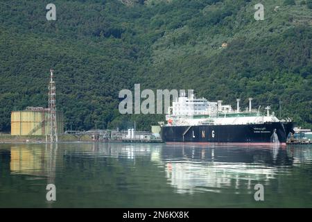 Cheikh Bouamama LNG tanker ship docked for regasification at the port of La Spezia, Italy on May 31 2022. Stock Photo