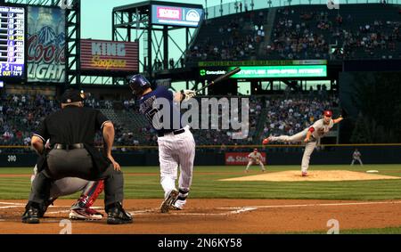 Colorado Rockies batter Todd Helton watches his sixth inning home run  against the San Francisco Giants at Coors Field in Denver on May 11, 2007.  Helton finished the game with a .397