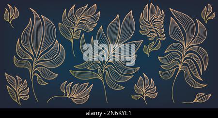 Vector set of botanical modern leaves, art deco wallpaper background. Line design for interior design, textile patterns, textures, posters, package Stock Vector