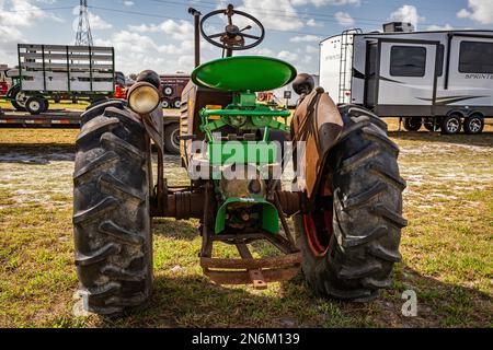 Fort Meade, FL - February 22, 2022: High perspective rear view of a 1949 Oliver 66 Standard Tractor at a local tractor show. Stock Photo