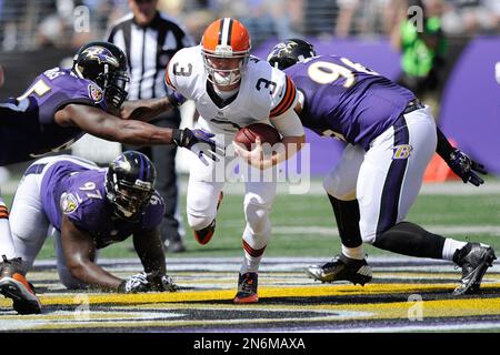 Jovan Swann of the Baltimore Ravens reacts to a play against the