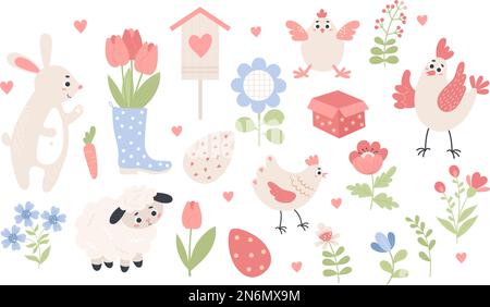 Spring Easter collection. Easter eggs, animals, insects and flowers. Vector illustration. Isolated holiday symbols in flat cartoon style for design Stock Vector