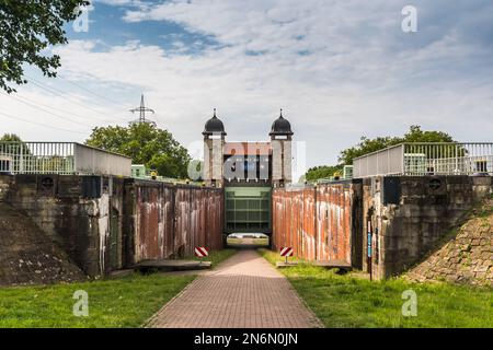 Old boat lift, floodgate in Ruhr Area, Waltrop, Henrichenburg, Germany, Europe Stock Photo