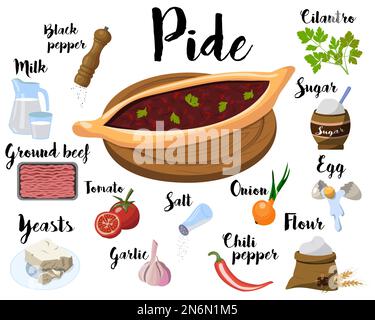 kitchen poster with a recipe for cooking Turkish pizza, pide. Vector illustration on a white background. Stock Vector