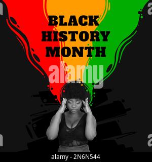 African-american woman over black background with red yellow green colors. Racial equality. Black History Month. Stock Photo