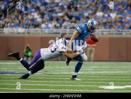 Detroit Lions quarterback Matthew Stafford (9) is sacked by San Diego  Chargers defensive end Vaughn Martin (92) during the first quarter of an  NFL football game in Detroit, Saturday, Dec. 24, 2011. (