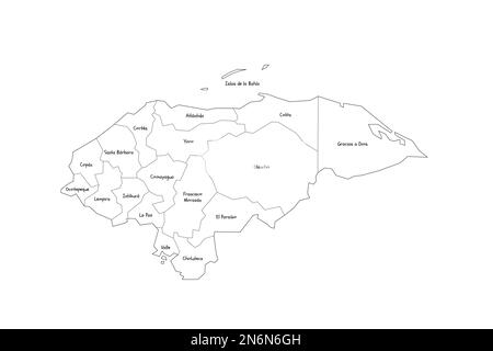 Honduras political map of administrative divisions - departments. Handdrawn doodle style map with black outline borders and name labels. Stock Vector