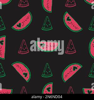 Vector seamless pattern with doodle hand drawn watermelons on black background. Summer texture. Stock Vector
