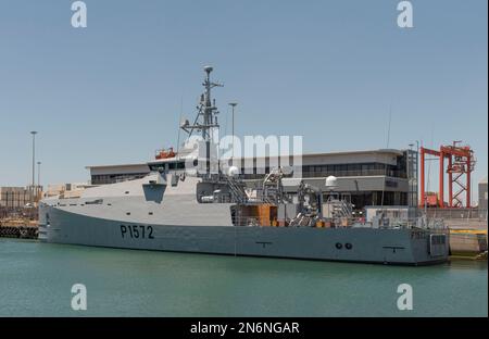 Cape Town, South Africa. 2023. An inshore patrol vessel P 1572 the  Adam Kok alongside and shortly to join the South African Navy. Stock Photo