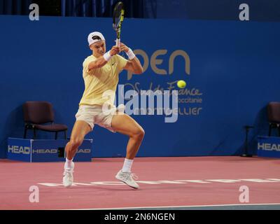 Montpellier, France - 09/02/2023, Holger Rune (DEN) in action against Marc-Andrea Huesler (SUI) during the Open Sud de France 2023, ATP 250 tennis tournament on February 9, 2023 at Sud de France Arena in Perols near Montpellier, France - Photo: Patrick Cannaux/DPPI/LiveMedia Stock Photo