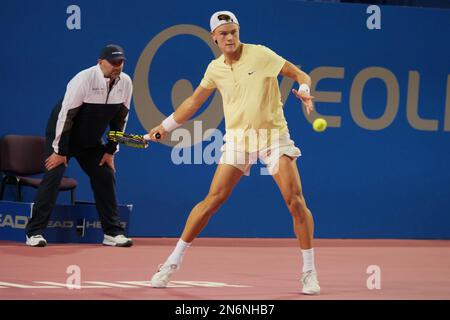 Montpellier, France - 09/02/2023, Holger Rune (DEN) in action against Marc-Andrea Huesler (SUI) during the Open Sud de France 2023, ATP 250 tennis tournament on February 9, 2023 at Sud de France Arena in Perols near Montpellier, France - Photo: Patrick Cannaux/DPPI/LiveMedia Stock Photo