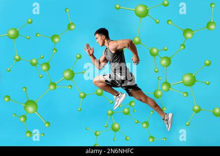 Metabolism concept. Molecular chain illustration and athletic young man running on blue background Stock Photo