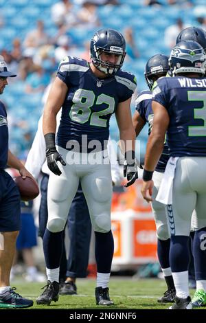 Seattle Seahawks Luke Wilson (82) celebrates his touchdown in the fourth  quarter against the Arizona Cardinals at the University of Phoenix Stadium  in Glendale, Arizona December 21, 2014. The Seahawks defeated the