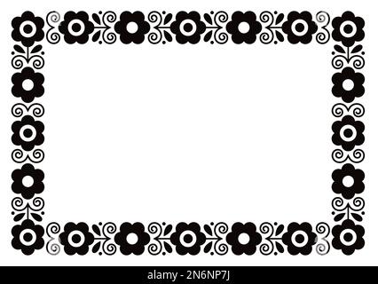 Polish decorative floral folk art rectangle 5x7 format frame vector design in black and white, perfect for greeting card or wedding invitation Stock Vector