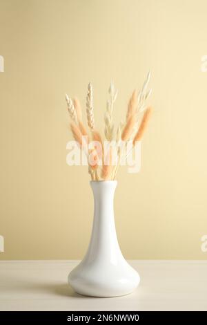 Dried flowers in vase on table against beige background Stock Photo