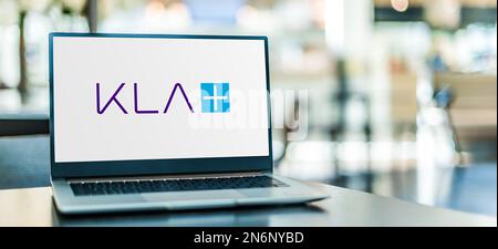 POZNAN, POL - AUG 2, 2022: Laptop computer displaying logo of KLA Corporation,  a capital equipment company based in Milpitas, California Stock Photo