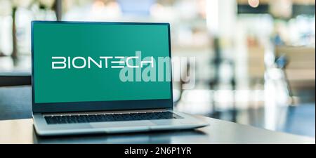 POZNAN, POL - OCT 28, 2022: Laptop computer displaying logo of BioNTech, a biotechnology company based in Mainz, Germany Stock Photo