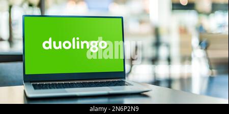 POZNAN, POL - NOV 22, 2022: Laptop computer displaying logo of Duolingo, an educational technology company which produces apps for language-learning a Stock Photo