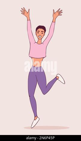 Illustration of a happy jumping woman. Raised hands and bent leg. Smiling girl. Sports. Doodle design. Hand drawn. Vector art Stock Vector