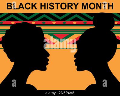 Black history month. Woman and man silhouettes with geometric pattern in green, yellow and red colors. African American History. Celebrated annual. Stock Vector