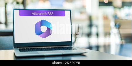 POZNAN, POL - JAN 19, 2023: Laptop computer displaying logo of Microsoft 365, a product family of productivity software, collaboration and cloud-based Stock Photo
