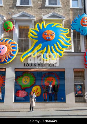 Louis Vuitton, New Bond Street, London, UK. 10 February 2023. The Louis  Vuitton store is decorated with the art of Japanese artist Yayoi Kusama in  London's premier luxury shopping street. Credit: Malcolm