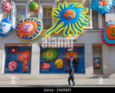 Louis Vuitton, New Bond Street, London, UK. 10 February 2023. The Louis Vuitton store is decorated with the art of Japanese artist Yayoi Kusama in London’s premier luxury shopping street. Credit: Malcolm Park/Alamy Live News. Stock Photo