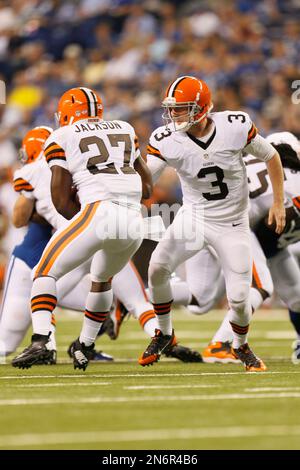 Cleveland quarterback Brandon Weeden, right, is hit by Buffalo defensive  end Mario Williams at Cleveland Browns Stadium on Sunday, September 23,  2012, in Cleveland, Ohio. The Buffalo Bills defeated the Cleveland Browns