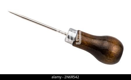 traditional awl with polished wooden handle cutout on white background Stock Photo
