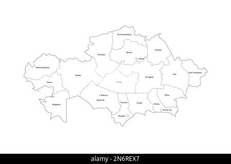 Kazakhstan political map of administrative divisions - regions and cities with region rights and city of republic significance Baikonur. Handdrawn doodle style map with black outline borders and name labels. Stock Vector