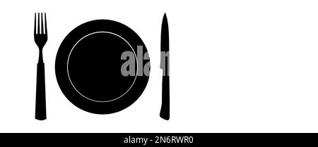 Topview of Set of Plate, Fork and Knife Silhouette on White Background Stock Photo