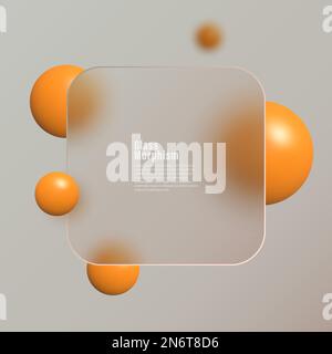 Glassmorphism landing page with square frame. Vector illustration with blurry floating spheres in orange color. Stock Vector