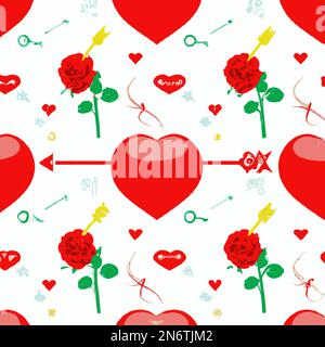 Large red heart with an arrow through it. Roses and hearts on a white background Stock Vector