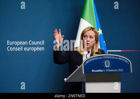 Brussels, Belgium. 10th Feb, 2023. Italy's Prime Minister Giorgia Meloni speaks during a press conference after an extraordinary meeting of a EU Summit at The European Council Building in Brussels, Belgium on February 10, 2023. Credit: ALEXANDROS MICHAILIDIS/Alamy Live News Stock Photo