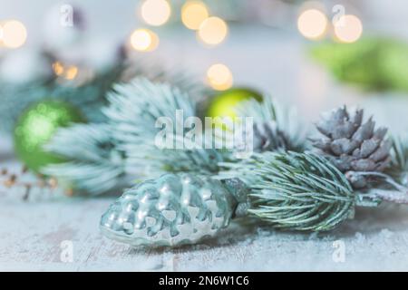 Christmas decoration with light green colors on abstract background, soft focus Stock Photo