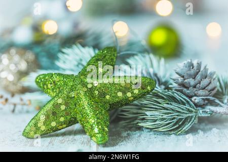 Christmas decoration with light green colors on abstract background, soft focus Stock Photo
