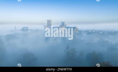 Picture dated February 6th shows Ely Cathedral in Cambridgeshire,known as the Ship of the Fens, shrouded in fog on  Monday  morning.  Majestic Ely Cat Stock Photo