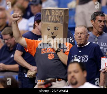 A Detroit Lions fans wears a bag on his head during a football