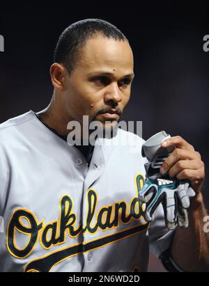 Oakland Athletics' Coco Crisp walks on the field during the first baseball  game of a doubleheader against the Baltimore Orioles in Baltimore,  Saturday, May 7, 2016. (AP Photo/Patrick Semansky Stock Photo - Alamy