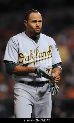 Oakland Athletics' Coco Crisp walks on the field during the first baseball  game of a doubleheader against the Baltimore Orioles in Baltimore,  Saturday, May 7, 2016. (AP Photo/Patrick Semansky Stock Photo - Alamy