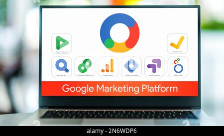 POZNAN, POL - DEC 28, 2022: Laptop computer displaying logos of Google Marketing Platform, a web analytics services offered by Google that tracks and Stock Photo