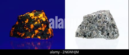 Comparison photo of Sodalite-syenite stone under daylight and show fluorescent glow under UV light Stock Photo