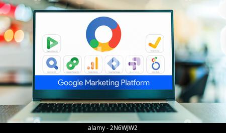 POZNAN, POL - DEC 28, 2022: Laptop computer displaying logos of Google Marketing Platform, a web analytics services offered by Google that tracks and Stock Photo