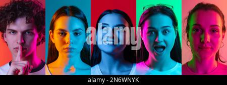 Collage made of happy smiling young men and girls looking at camera with emotional facial expressions over multicolored background in neon light Stock Photo