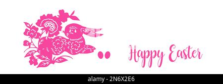 Happy Easter text, pink cute bunny rabbit flat illustration on white panoramic background, holiday web banner Stock Photo